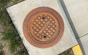storm drain with "dump no waste" written on it