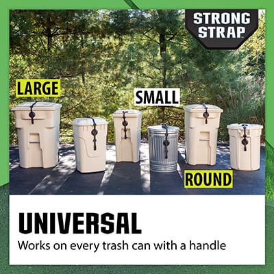 universal-garbage-can-lock-small-large-adjustable-rubber-strap Shows the Strong Strap on six different cans, large or small, hinger or round lid, metal or plastic