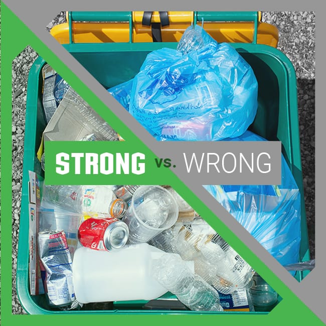 Plastic bags are wrong, bagless recylables are strong. Fit more in the bin.
